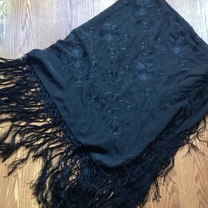 Elegant Black Floral Wrap with Fringe